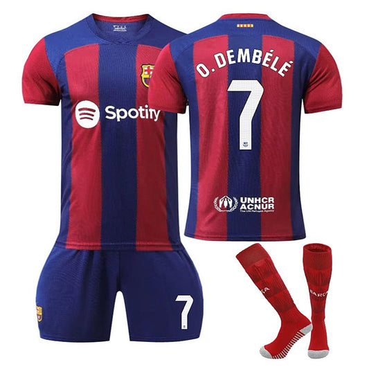 UONNO Barca Home Jersey O.DEMBELE #7 Soccer Jersey Kids Adult 3-Pieces Jersey Kits