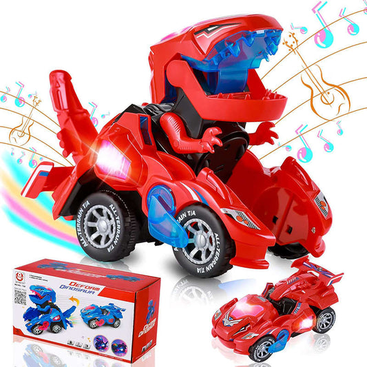 UONNO Transforming Dinosaur Car Toy with Light & Music for Toddlers 3+-Red