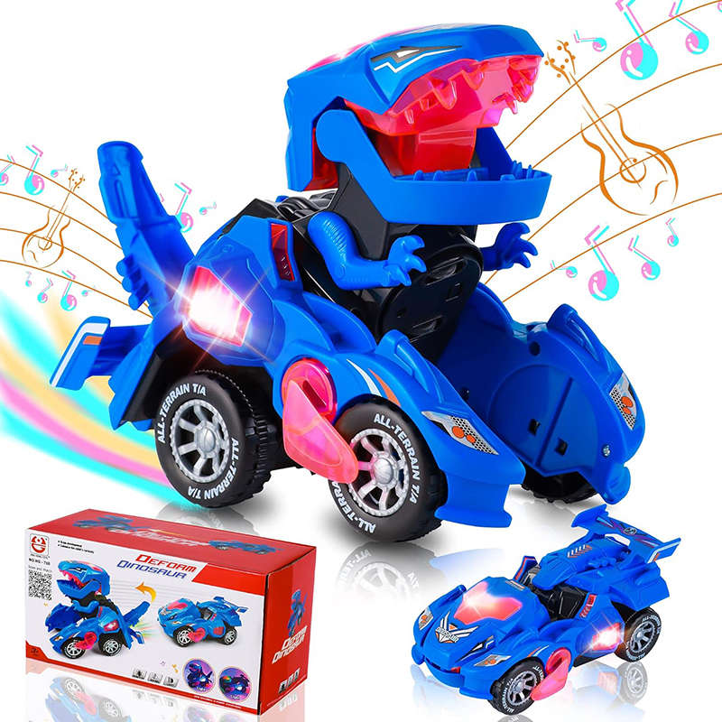 UONNO Transforming Dinosaur Car Toy with Light & Music for Toddlers 3+-Blue