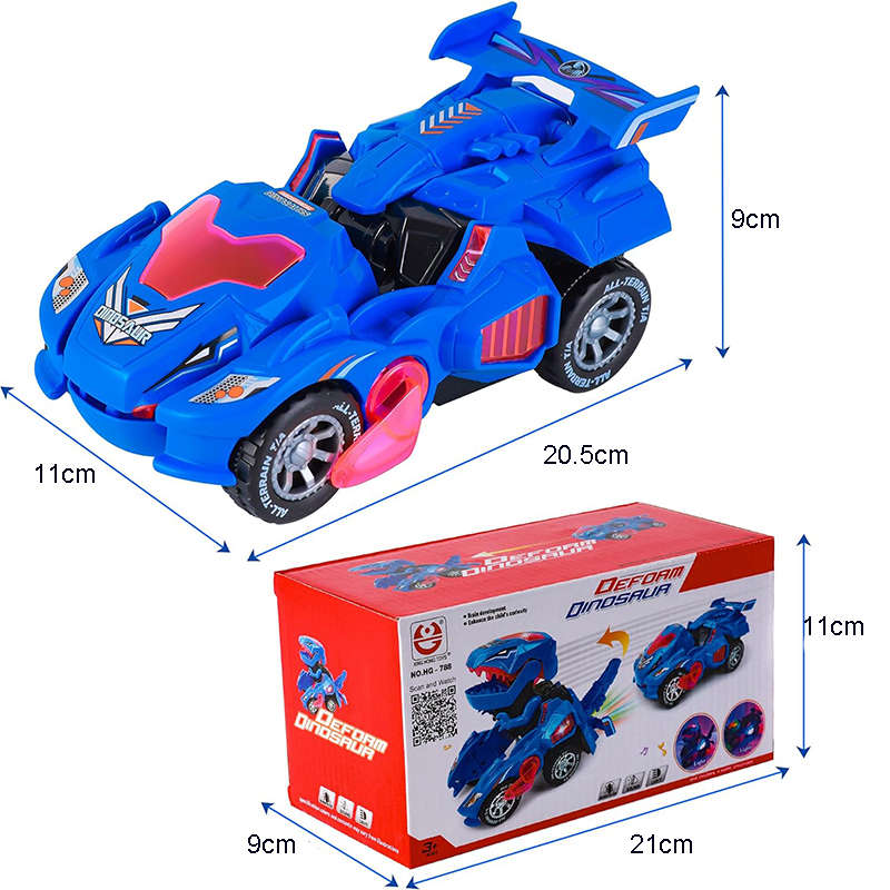 UONNO Transforming Dinosaur Car Toy with Light & Music for Toddlers 3+-Blue