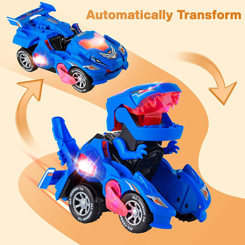 UONNO Transforming Dinosaur Car Toy with Light & Music for Toddlers 3+-Blue