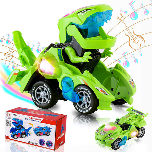 UONNO Transforming Dinosaur Car Toy with Light & Music for Toddlers 3+-Green