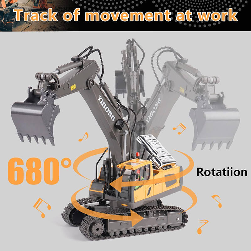 UONNO 2.4Ghz RC Excavator Toys 1/20 with Metal Shovel Lights Sounds for Age 6+-Yellow