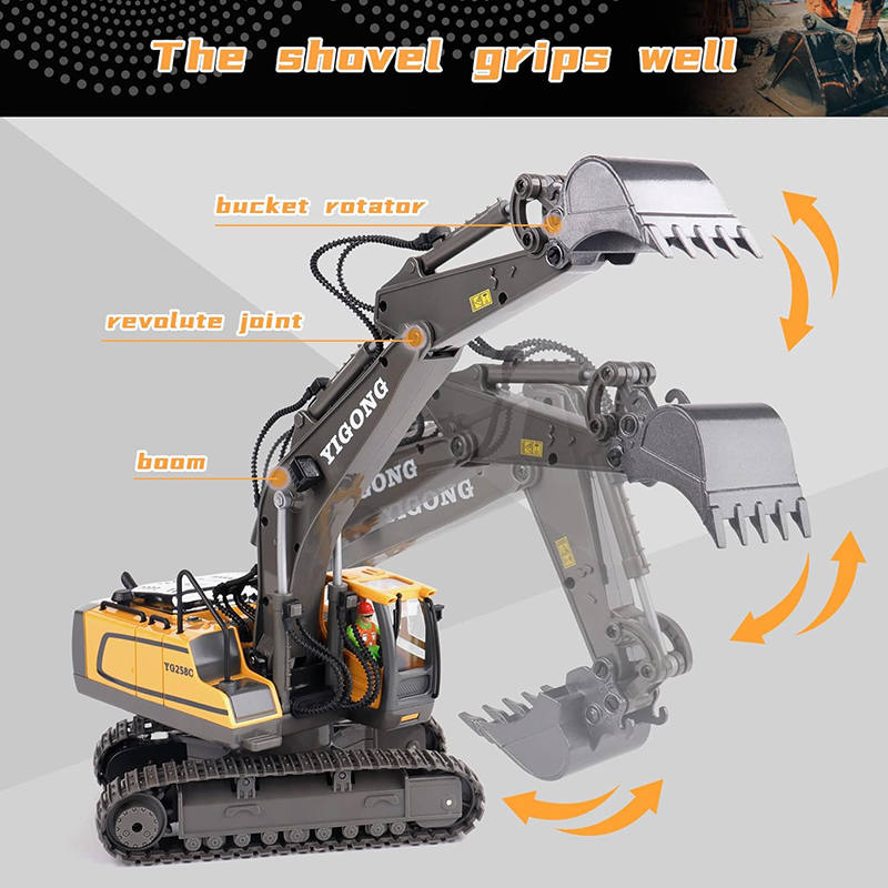 UONNO 2.4Ghz RC Excavator Toys 1/20 with Metal Shovel Lights Sounds for Age 6+-Yellow