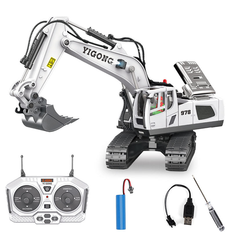 UONNO 2.4Ghz RC Excavator Toys 1/20 with Metal Shovel Lights Sounds for Age 6+-White