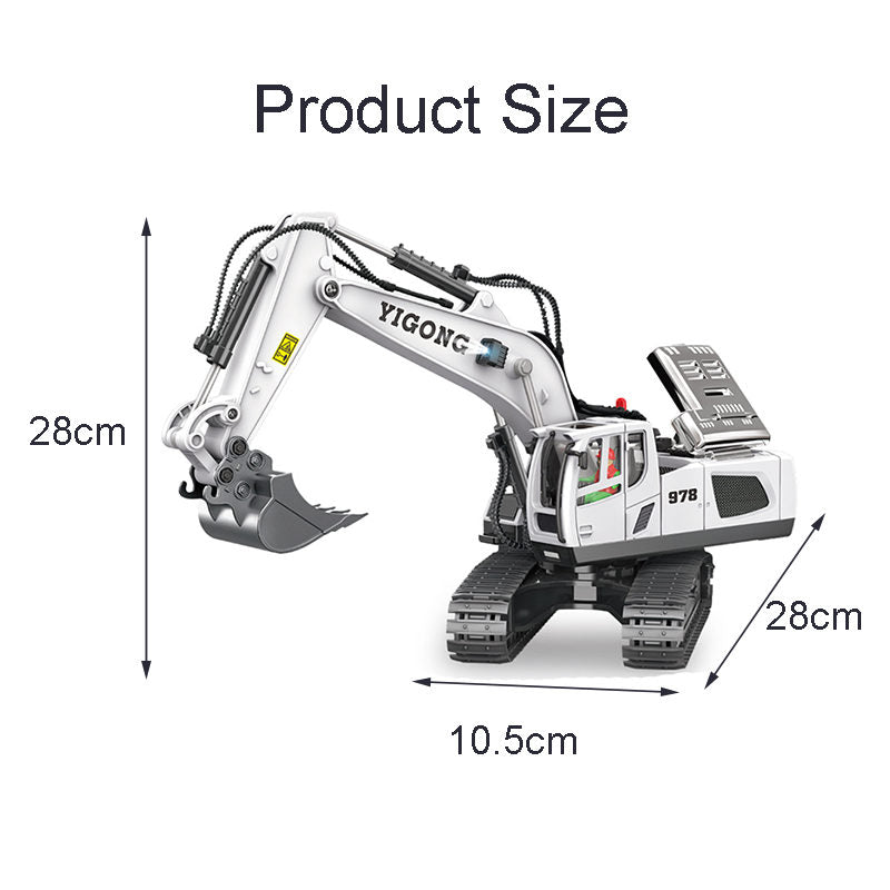 UONNO 2.4Ghz RC Excavator Toys 1/20 with Metal Shovel Lights Sounds for Age 6+-White