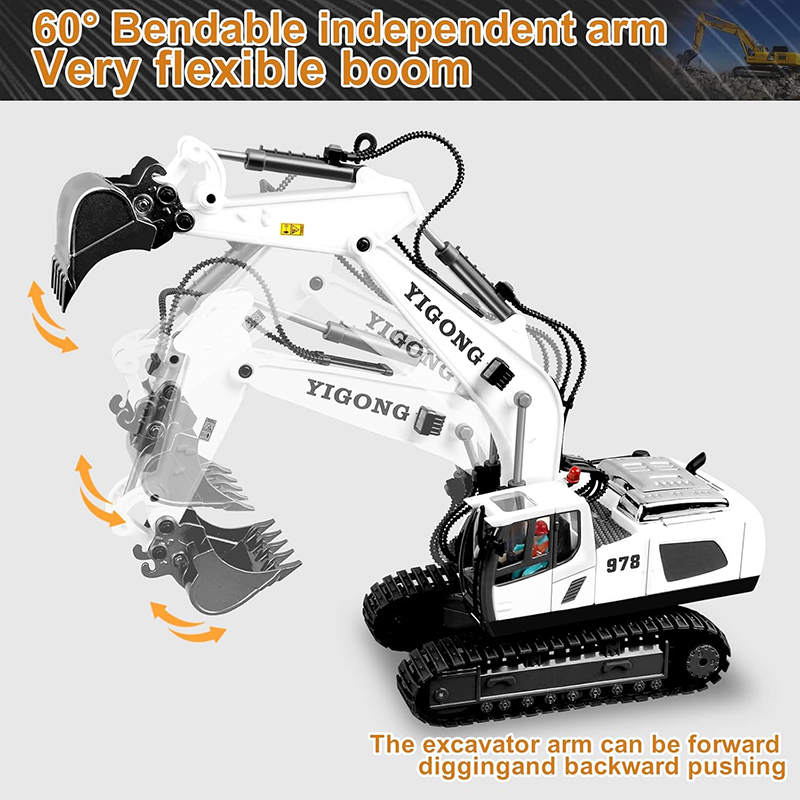 UONNO 2.4Ghz RC Excavator Toys 1/20 with Metal Shovel Lights Sounds for Age 6+-White