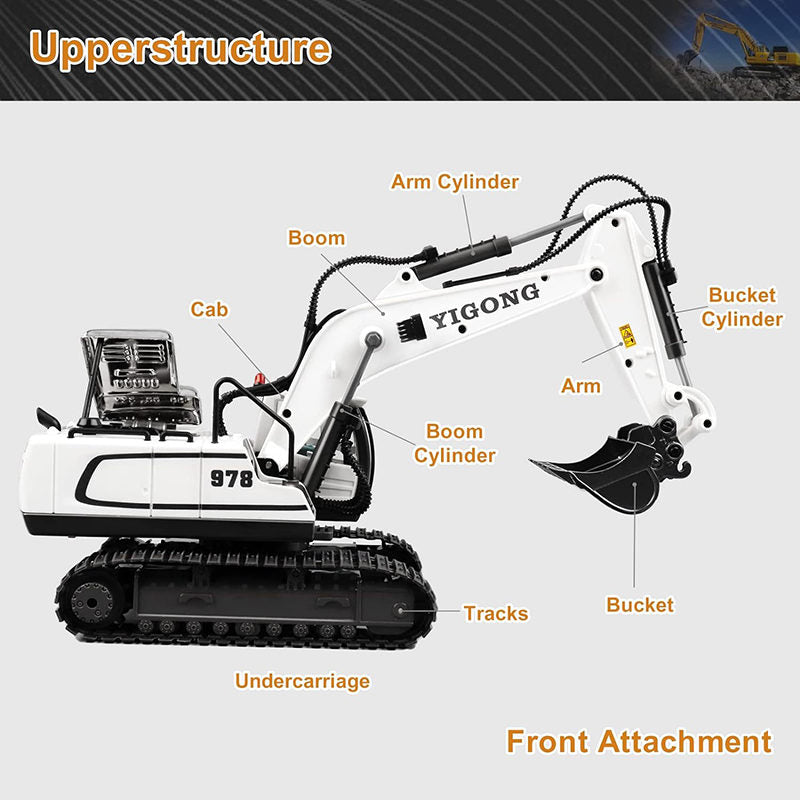 UONNO 2.4Ghz RC Excavator Toys 1/20 with Metal Shovel Lights Sounds for Age 6+-White