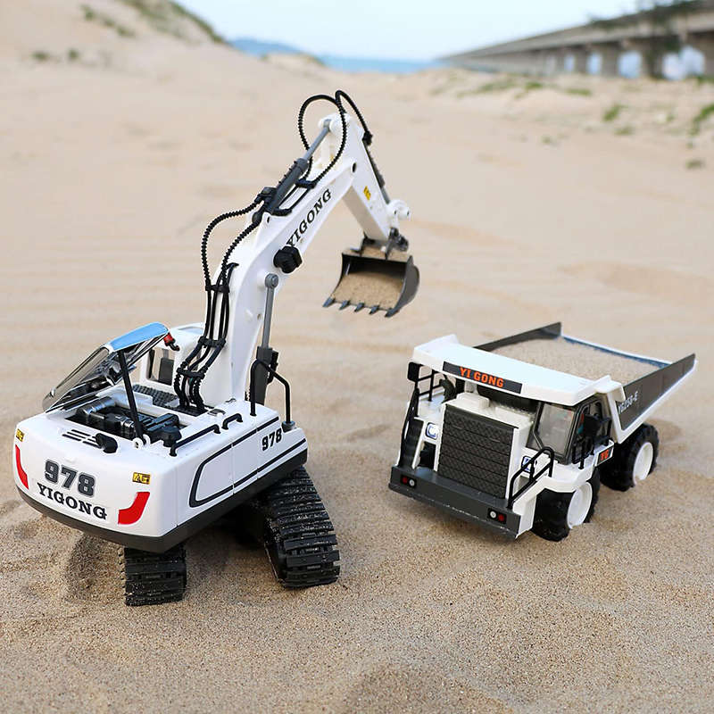 UONNO 2.4Ghz RC Excavator Toys 1/20 with Metal Shovel Lights Sounds for Age 6+-White