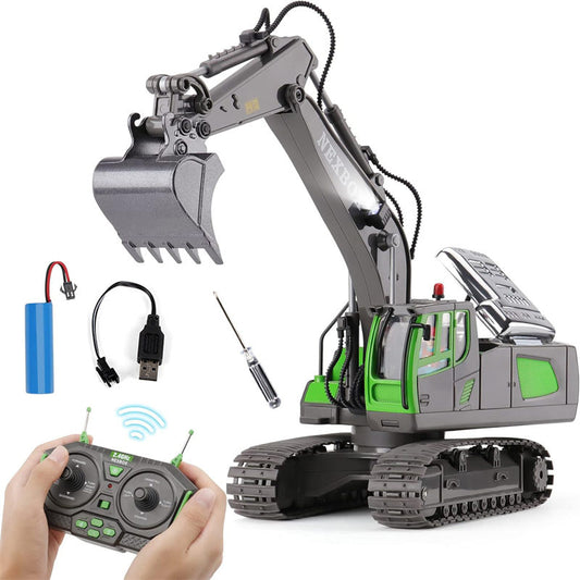 UONNO 2.4Ghz RC Excavator Toys 1/20 with Metal Shovel Lights Sounds for Age 6+-Grey