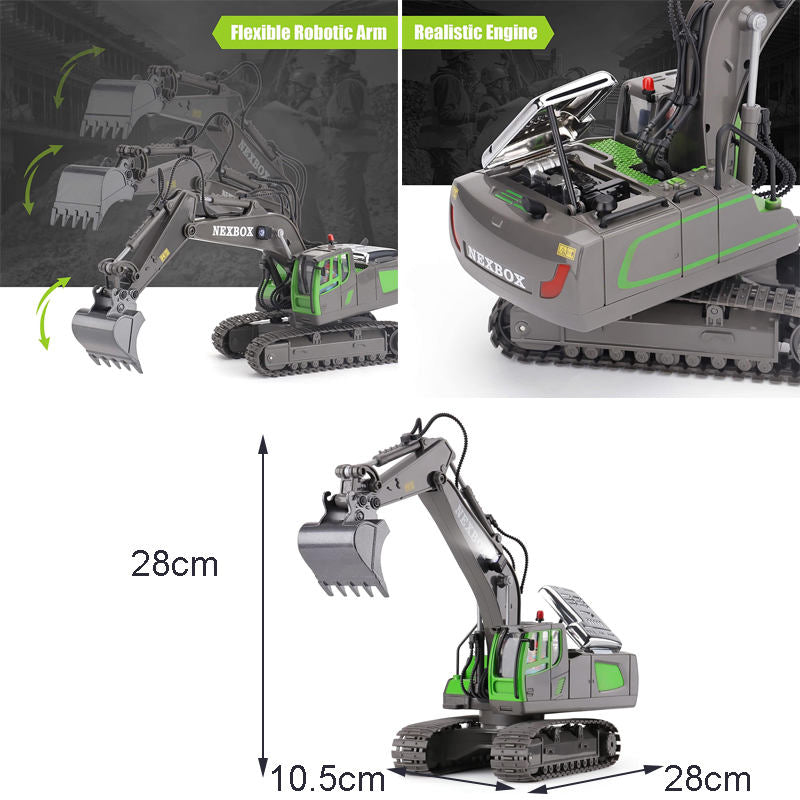 UONNO 2.4Ghz RC Excavator Toys 1/20 with Metal Shovel Lights Sounds for Age 6+-Grey