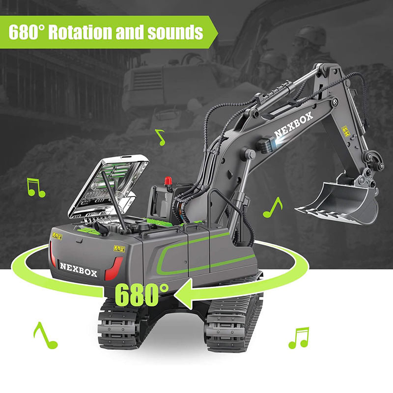 UONNO 2.4Ghz RC Excavator Toys 1/20 with Metal Shovel Lights Sounds for Age 6+-Grey