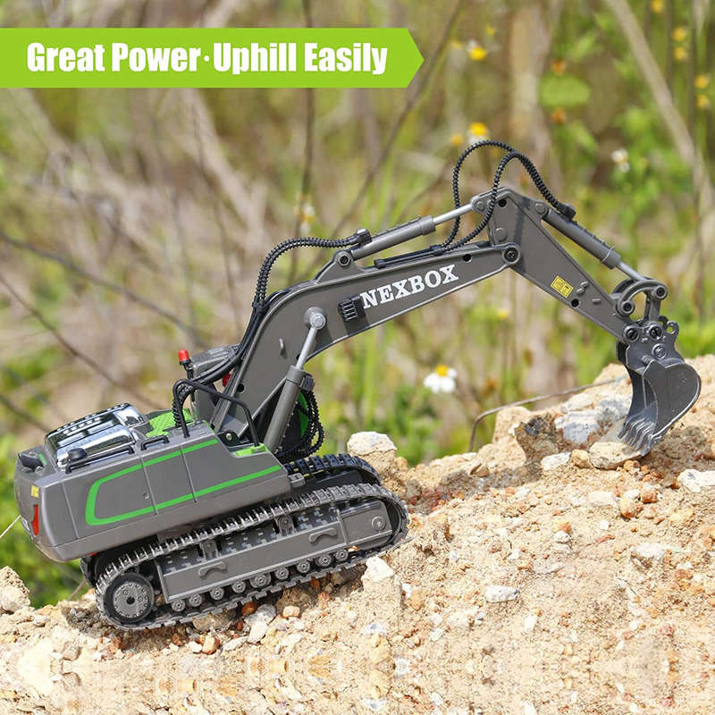 UONNO 2.4Ghz RC Excavator Toys 1/20 with Metal Shovel Lights Sounds for Age 6+-Grey