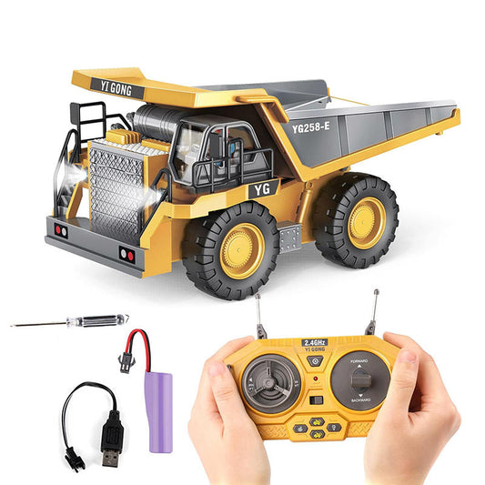 UONNO 2.4Ghz RC Dump Truck Toy 1/24 with Metal Bed/Light/Music for Age 8+-Yellow