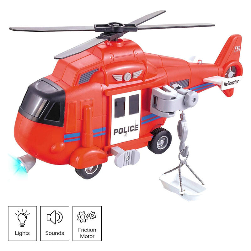 UONNO Military Helicopter Toy Friction Powered with Lights and Sound Sirens-Red