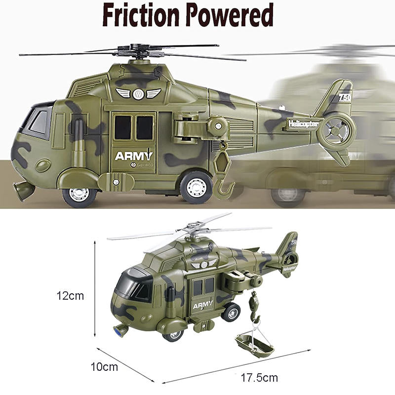 UONNO Military Helicopter Toy Friction Powered with Lights and Sound Sirens-Army Green