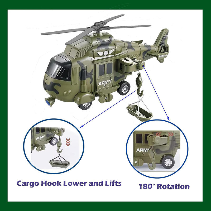 UONNO Military Helicopter Toy Friction Powered with Lights and Sound Sirens-Army Green