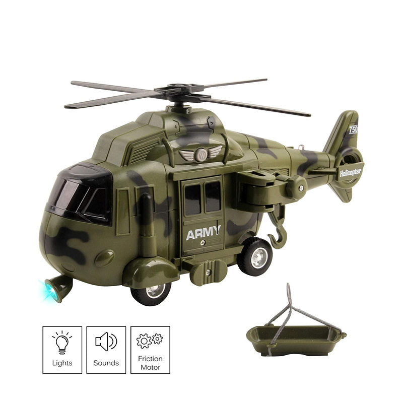 UONNO Military Helicopter Toy Friction Powered with Lights and Sound Sirens-Army Green