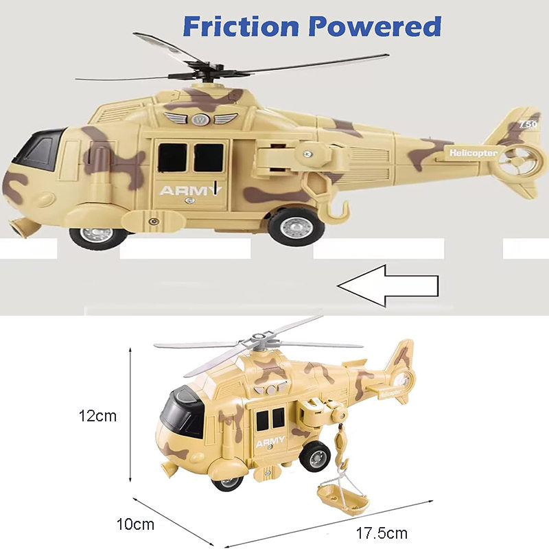 UONNO Military Helicopter Toy Friction Powered with Lights and Sound Sirens-Camo Grey