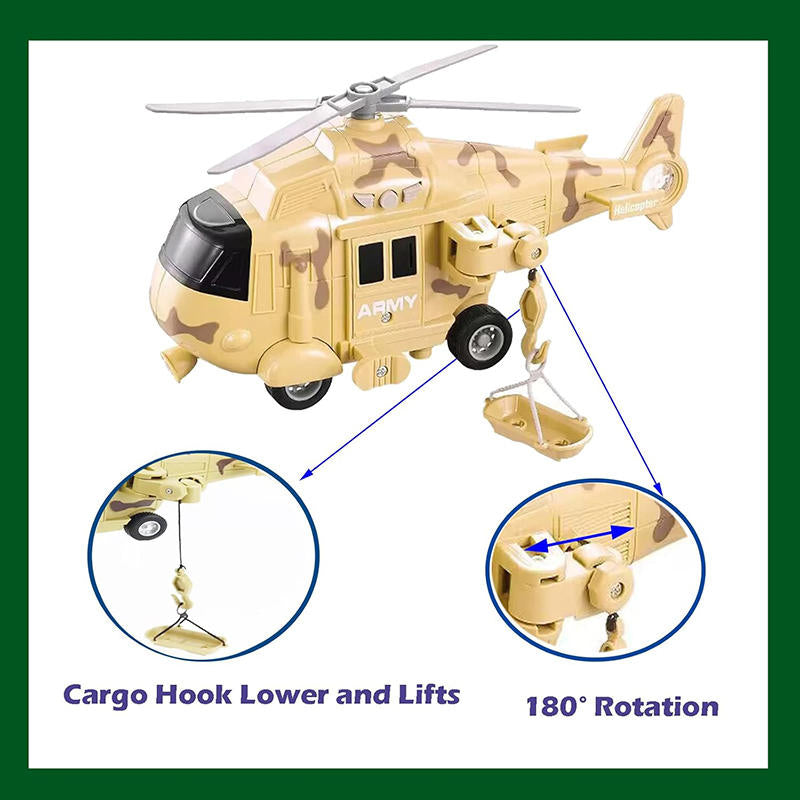 UONNO Military Helicopter Toy Friction Powered with Lights and Sound Sirens-Camo Grey