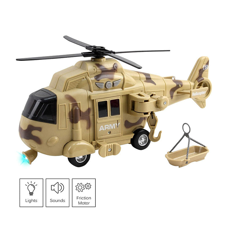 UONNO Military Helicopter Toy Friction Powered with Lights and Sound Sirens-Camo Grey