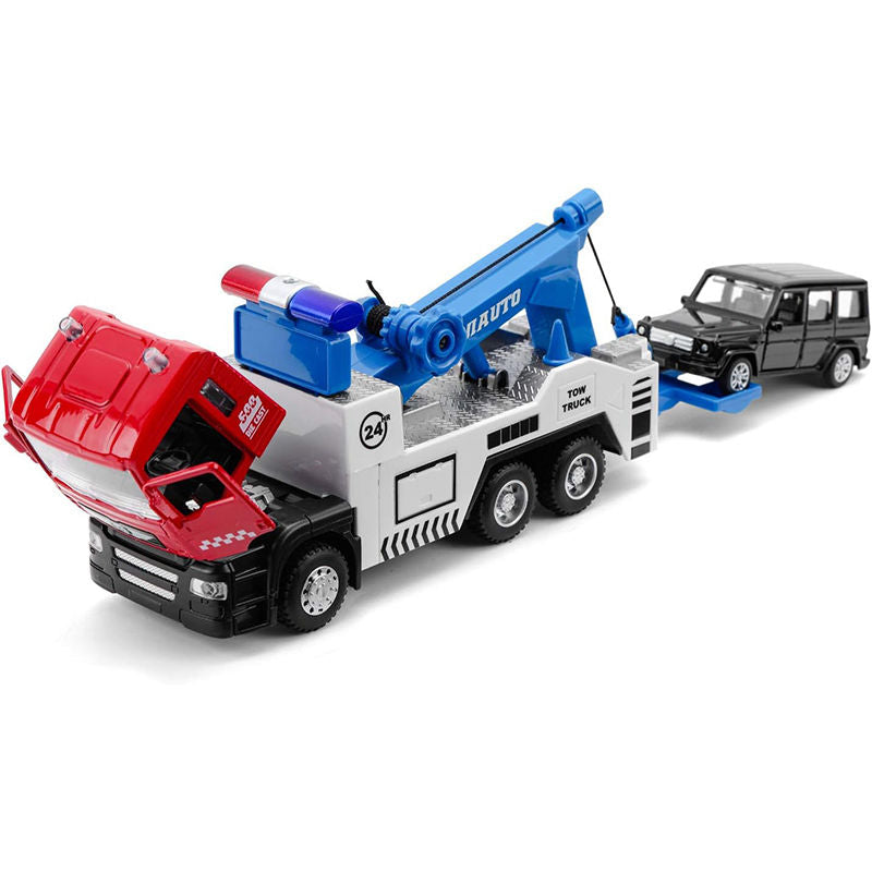 UONNO Pull Back Tow Truck with Lights and Sound Miniature Carrier for Kids