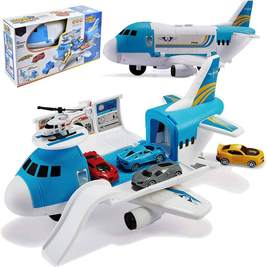 UONNO Transport Cargo Airplane with Helicopter 4 Cars Play Set for 3+ Kids