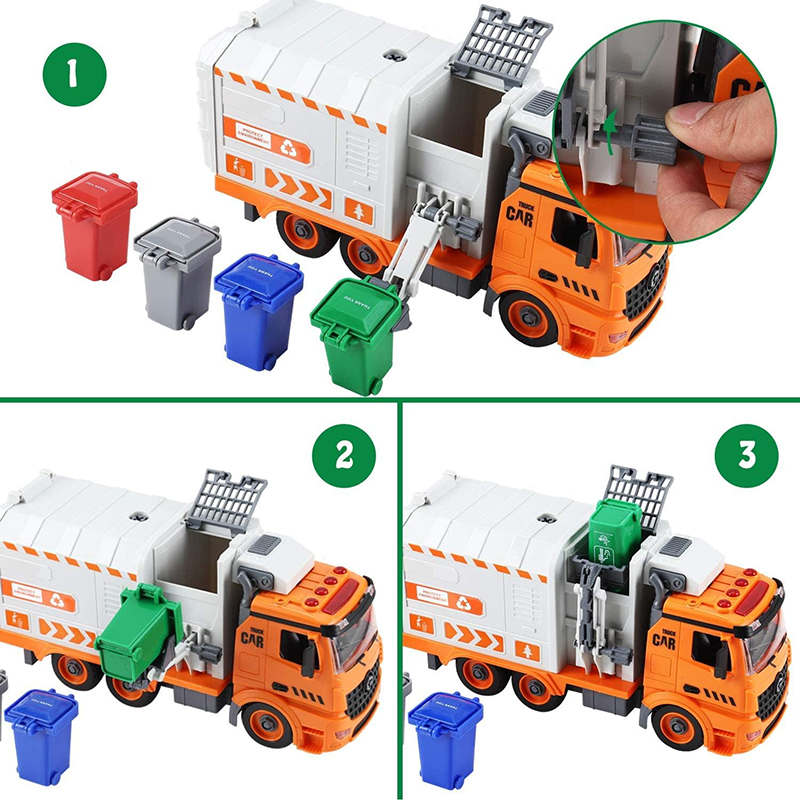 UONNO Garbage Truck Toys with 4 Trash Cans & Light & Sound for Toddlers