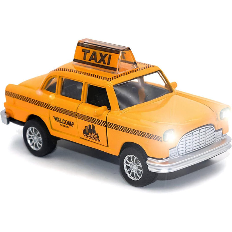 UONNO NYC Classic Checkered Taxi Cab Alloy Diecast Pullback Toy with Light & Sound