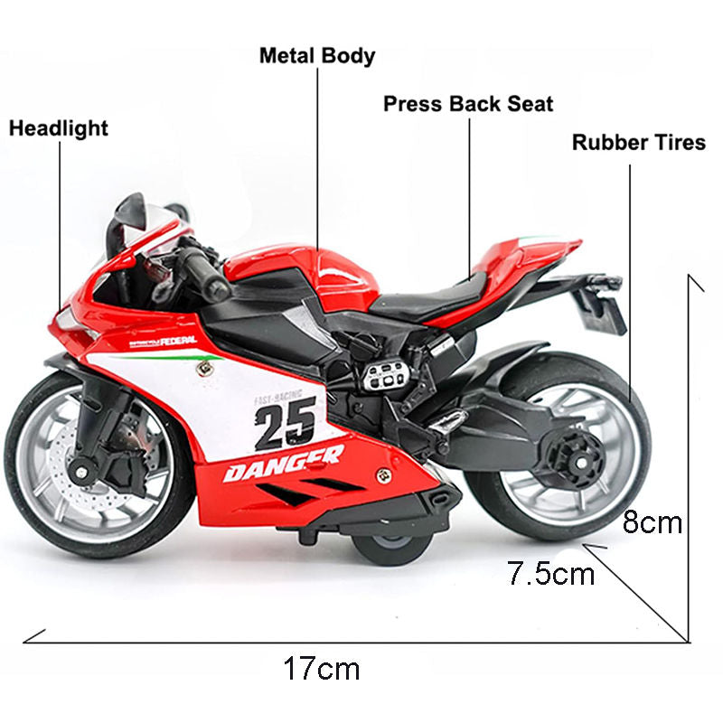 UONNO Pull Back Motorcycle Toys 1/12 Scale with Music Light for Boys Kids-Red