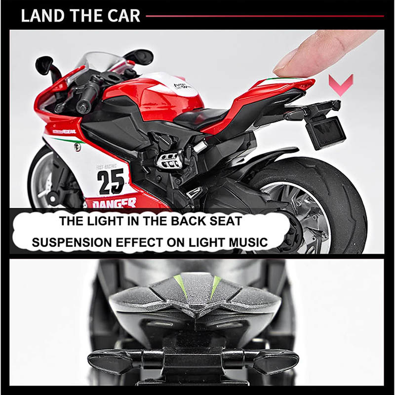 UONNO Pull Back Motorcycle Toys 1/12 Scale with Music Light for Boys Kids-Red