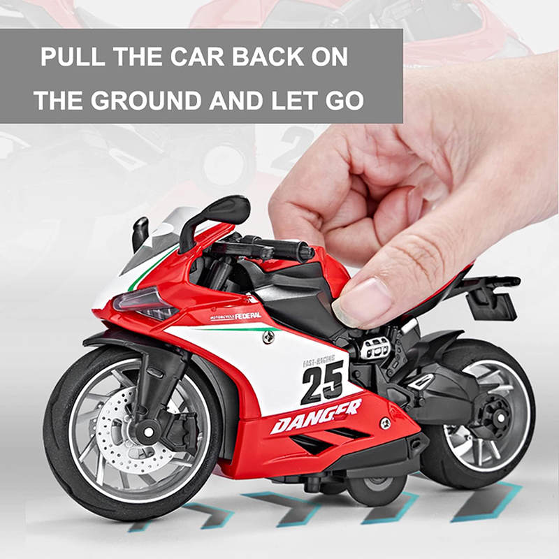 UONNO Pull Back Motorcycle Toys 1/12 Scale with Music Light for Boys Kids-Red