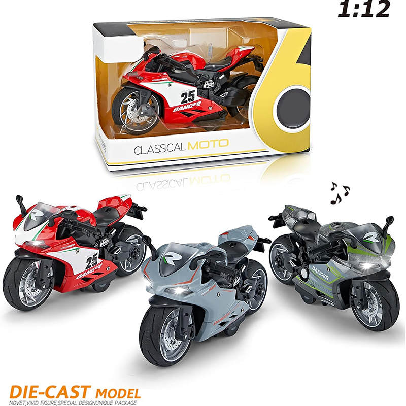 UONNO Pull Back Motorcycle Toys 1/12 Scale with Music Light for Boys Kids-Red