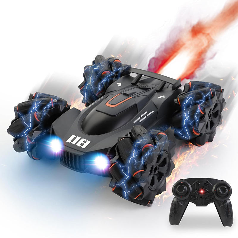 UONNO RC Stunt Car Rechargeable Double Sided Driving with Spray & Light