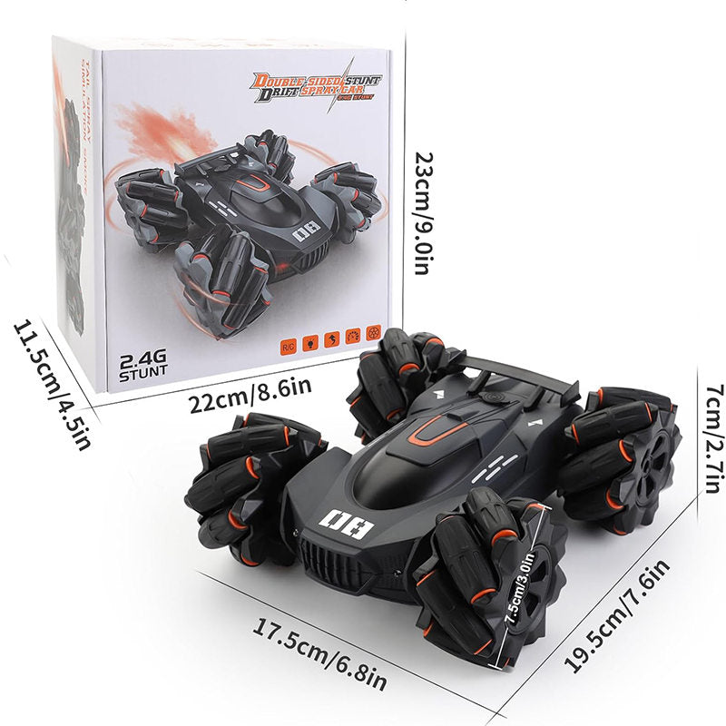 UONNO RC Stunt Car Rechargeable Double Sided Driving with Spray & Light