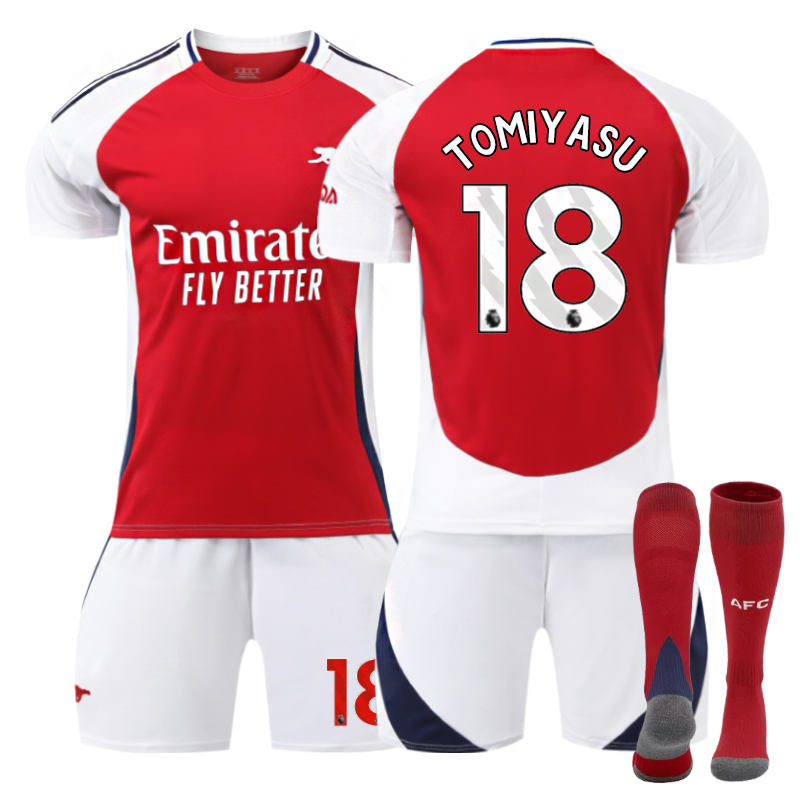 UONNO Arsenal F.C. 24/25 Home TOMIYASU #18 Soccer Jersey for Kids Adult 3 Pcs Outfits