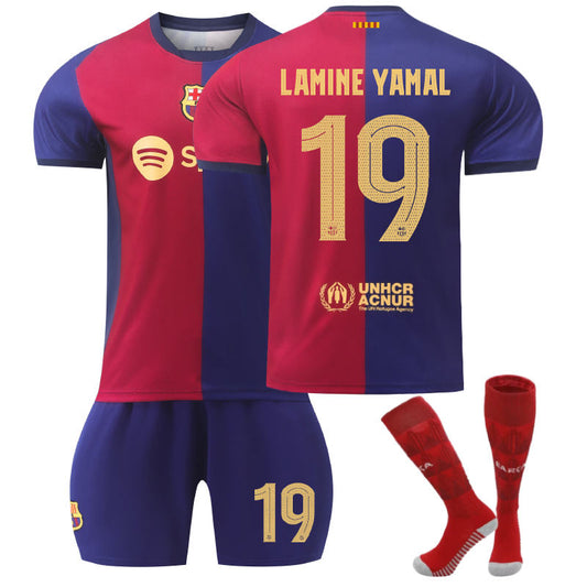 UONNO Barcelona Home UEFA LAMINE YAMAL #19 Soccer Jersey for Kids Adult 3 Pcs Outfits