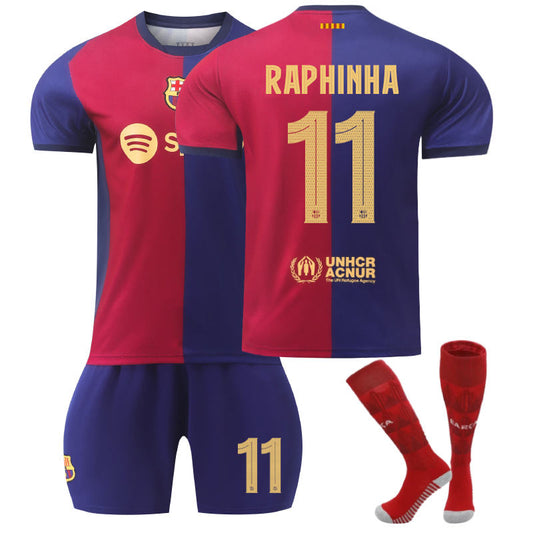 UONNO Barcelona Home UEFA RAPHINHA #11 Soccer Jersey for Kids Adult 3 Pcs Outfits