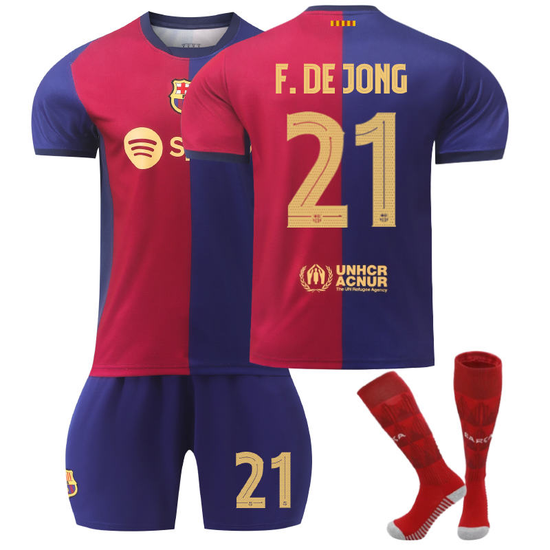 UONNO Barcelona Home UEFA F.DE JONG #21 Soccer Jersey for Kids Adult 3 Pcs Outfits