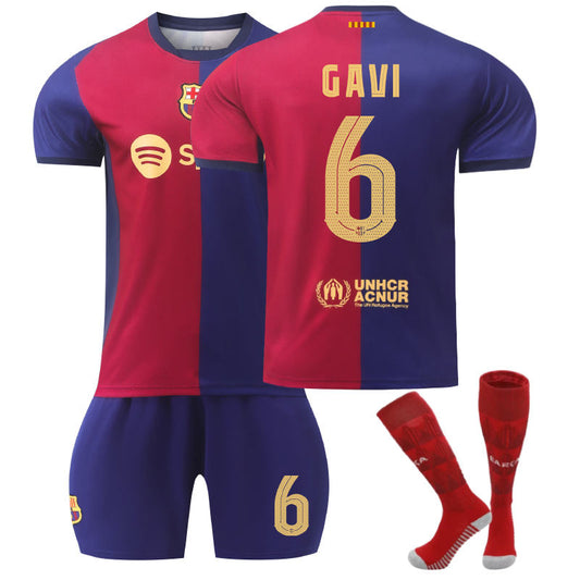 UONNO Barcelona Home UEFA GAVI #6 Soccer Jersey for Kids Adult 3 Pcs Outfits