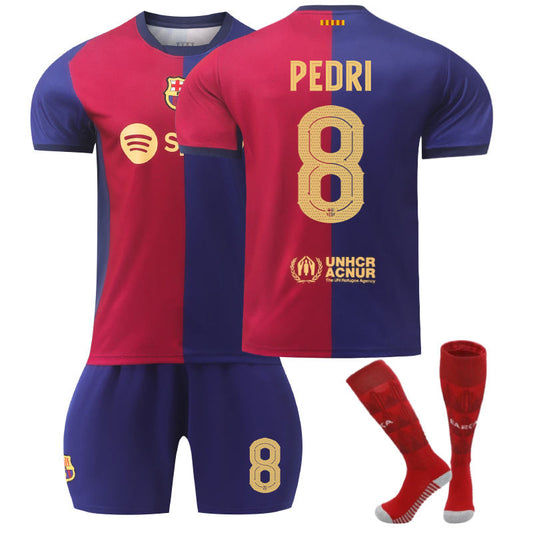 UONNO Barcelona Home UEFA PEDRI #8 Soccer Jersey for Kids Adult 3 Pcs Outfits