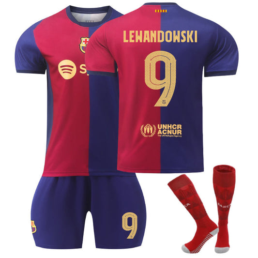 UONNO Barcelona Home UEFA LEWANDOWSKI #9 Soccer Jersey for Kids Adult 3 Pcs Outfits