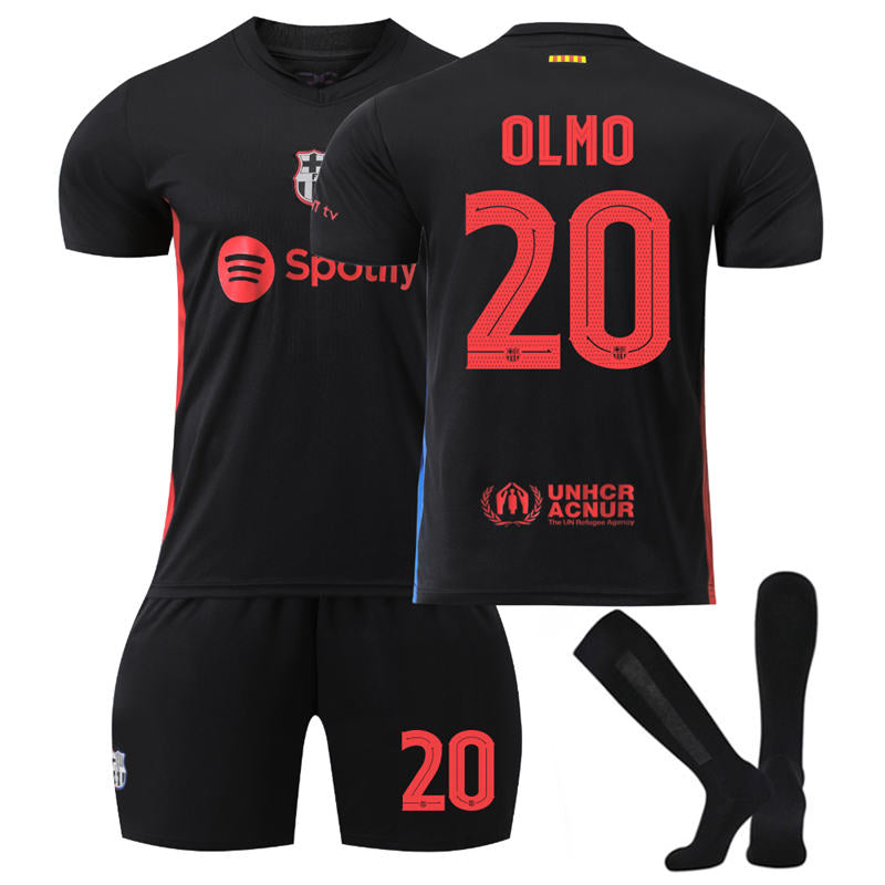 UONNO Barcelona Away UEFA OLMO #20 Soccer Jersey for Kids Adult 3 Pcs Outfits