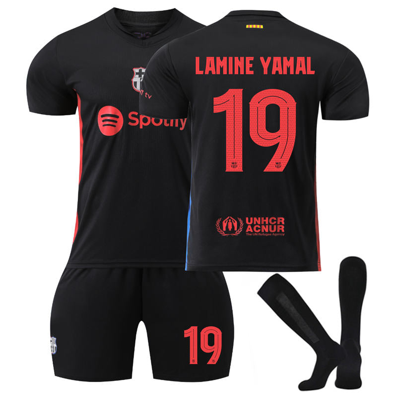 UONNO Barcelona Away UEFA LAMINE YAMAL #19 Soccer Jersey for Kids Adult 3 Pcs Outfits