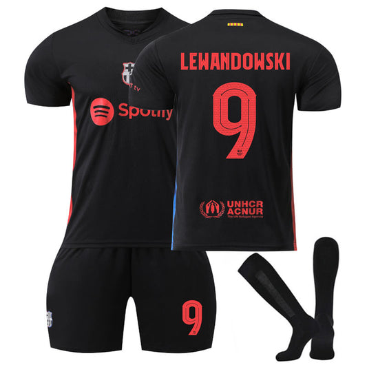 UONNO Barcelona Away UEFA LEWANDOWSKI #9 Soccer Jersey for Kids Adult 3 Pcs Outfits