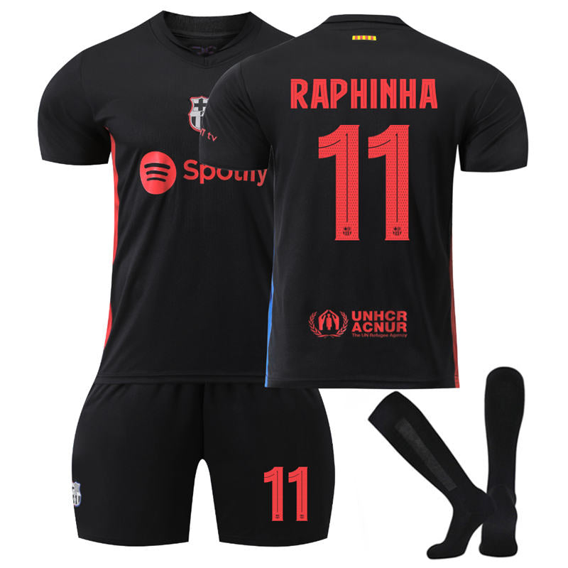 UONNO Barcelona Away UEFA RAPHINHA #11 Soccer Jersey for Kids Adult 3 Pcs Outfits