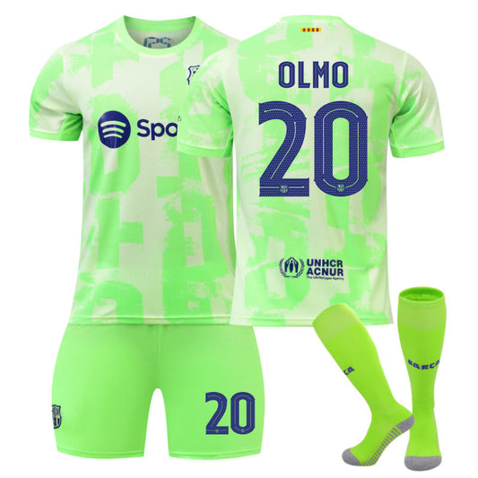 UONNO Barcelona Second Away UEFA OLMO #20 Soccer Jersey for Kids Adult 3 Pcs Outfits