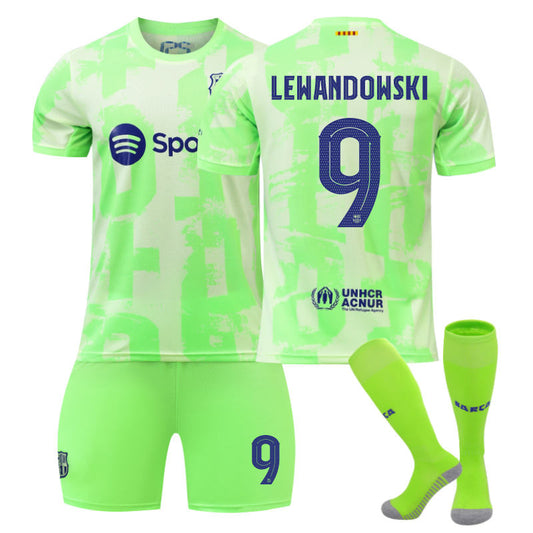 UONNO Barcelona Second Away UEFA LEWANDOWSKI #9 Soccer Jersey for Kids Adult 3 Pcs Outfits