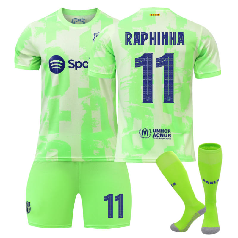 UONNO Barcelona Second Away UEFA RAPHINHA #11 Soccer Jersey for Kids Adult 3 Pcs Outfits