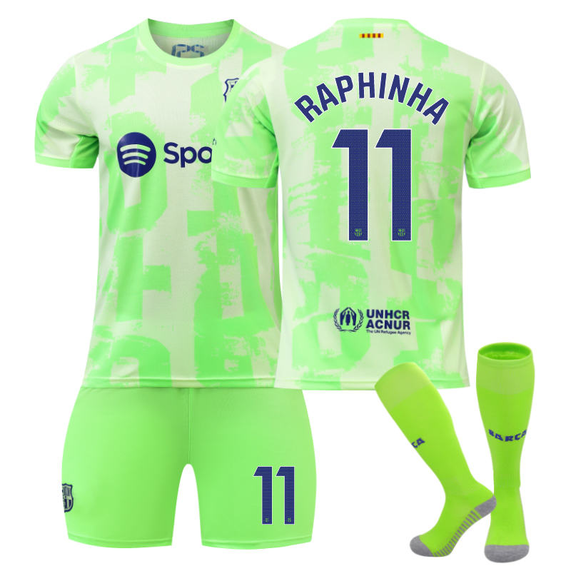 UONNO Barcelona Second Away RAPHINHA #11 Soccer Jersey for Kids Adult 3 Pcs Outfits